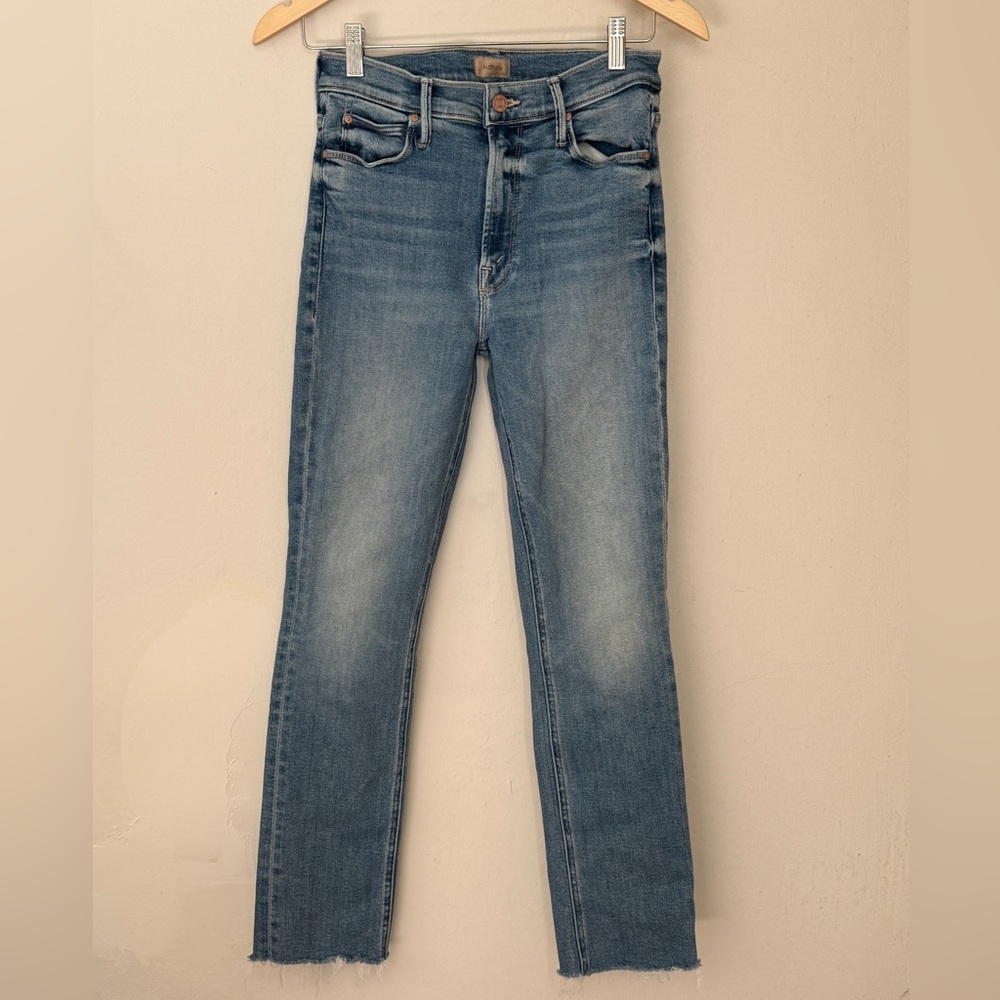 Mother Mid Rise Dazzler Ankle Fray Jeans Blue Straight Leg Classic Chic Size 27